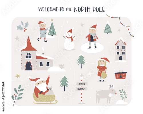 Vector illustration of North Pole town with Santa Claus, elf, rudolf reindeer.