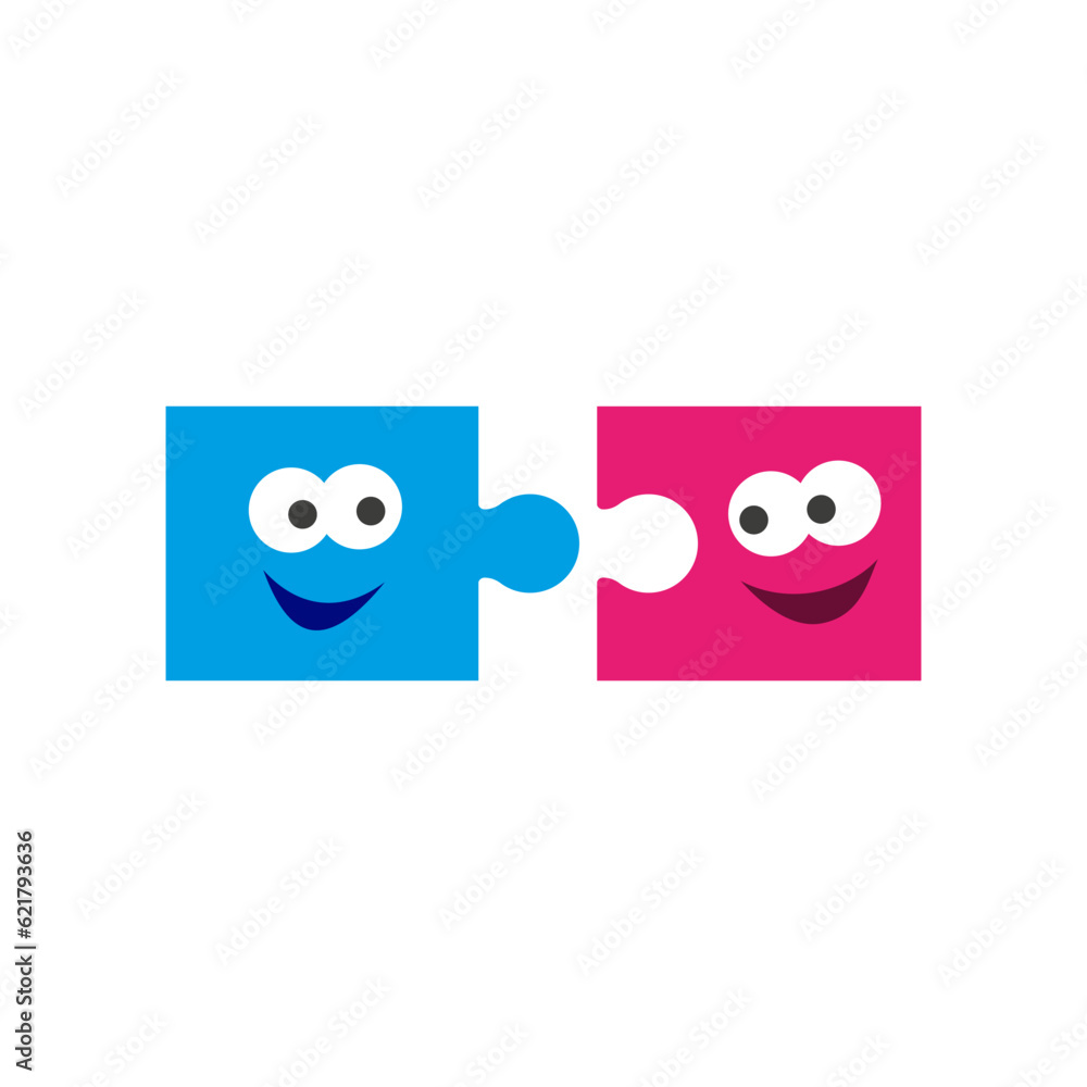 Two cartoon cute puzzle pieces with funny faces.
