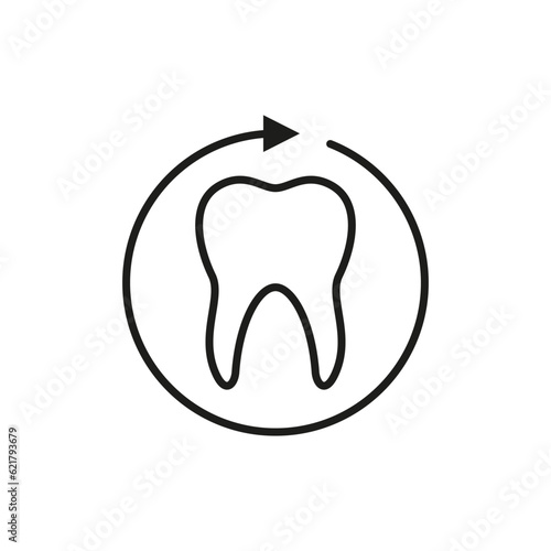 Human tooth icon with round arrow. Symbol of full cycle dental treatment. 
