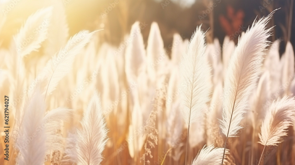 Pampas grass outdoor in gold morning sunlight. Dry reeds boho style