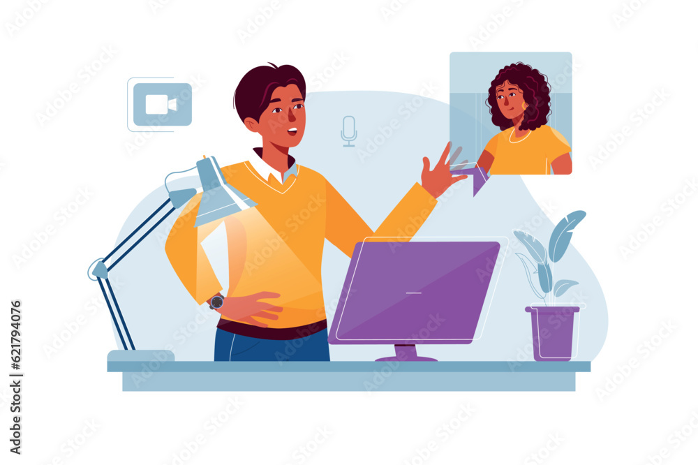 Video conference concept with people scene in the flat cartoon design. An office worker talks about work to colleagues on a video conference. Vector illustration. Video conference concept with people scene in the flat cartoon design. An office worker talks about work to colleagues on a video conference. Vector illustration.