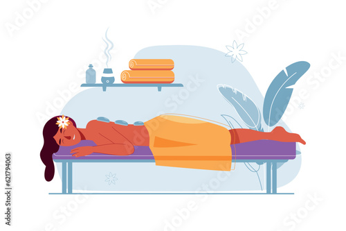 Spa salon concept with people scene in the flat cartoon style. The girl came to the spa for a massage. Vector illustration.