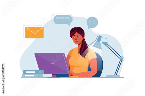 Mail service concept with people scene in the flat cartoon design. The girl answers emails from clients. Vector illustration.