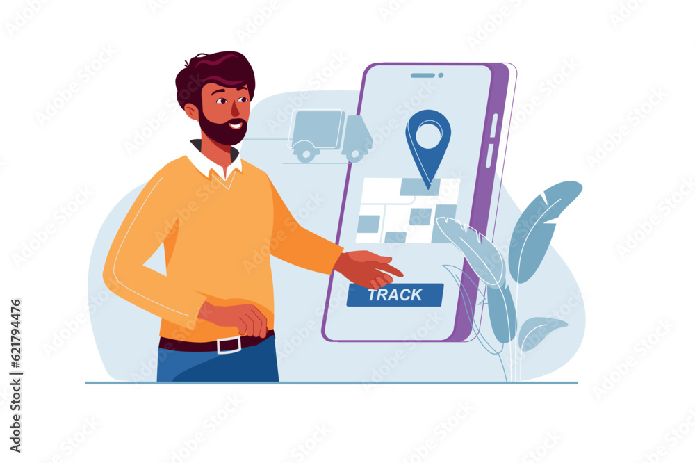 Delivery tracking concept with people scene in the flat cartoon design. The client tracks the movement of his parcel in a special application. Vector illustration.