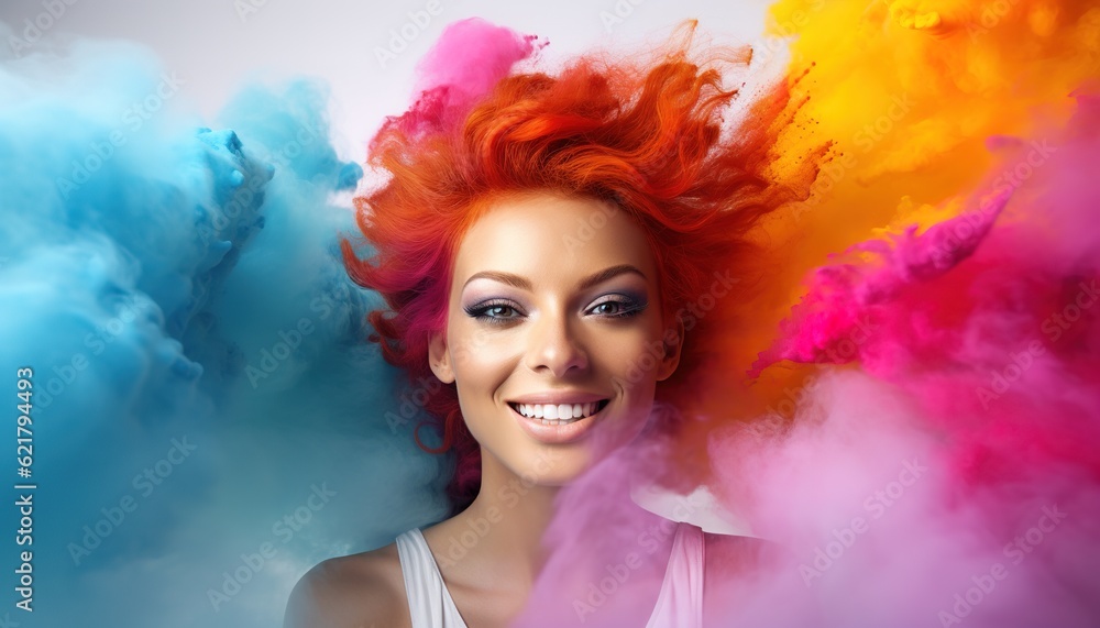 Happy redhead woman smiling in a cloud of colorful smoke and powder on a white background, having fun, colors, LGBTQ+, party, peace, inclusive, beauty, freedom. Generative AI.