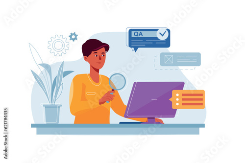 QA engineer concept with people scene in the flat cartoon style. A computer engineer monitors all stages of programmers' work. Vector illustration.