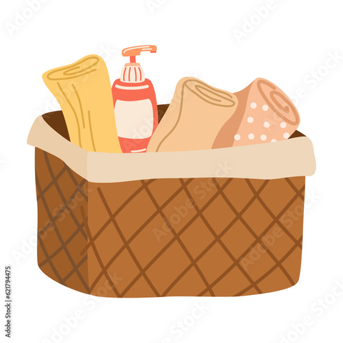 Basket with towels and shower accessories. Bathroom accessories. Cartoon vector illustration isolated on white background