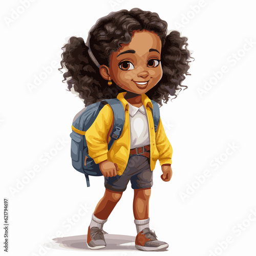 simple cartoon clipart black african american girl student child going to school white background