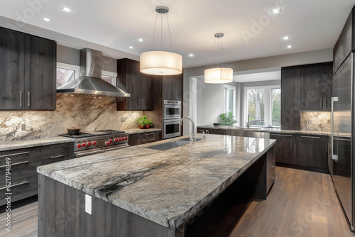 home kitchen design - a large kitchen has a gray granite counter top and center island