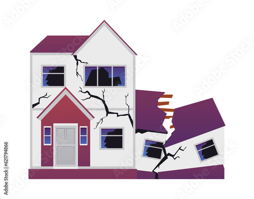 Abandoned building flat vector isolated illustration, house cracked in earthquake, consequences of natural disaster