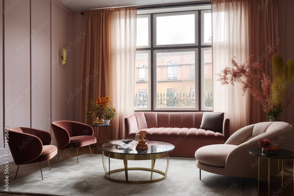 modern living room - a pink couch chair and table sitting in front of window in a small living room