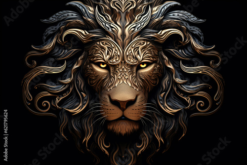 illustration of a lion head style like graphic novel mixed with Maori tattoo art isolated against black background 