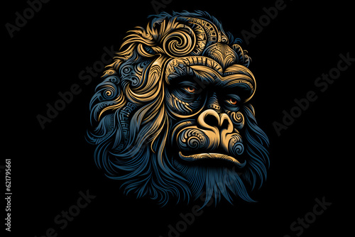 illustration of a gorilla head style like graphic novel mixed with Maori tattoo art isolated against black background 