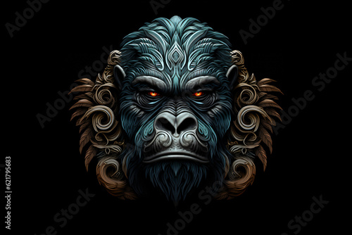 illustration of a gorilla head style like graphic novel mixed with Maori tattoo art isolated against black background 