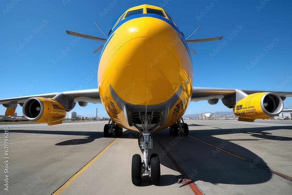Front view of a modern civil aircraft on the airfield runway. Wide body aircraft ready to take off against the blue sky. Global travel and transportation concept. 3D illustration.