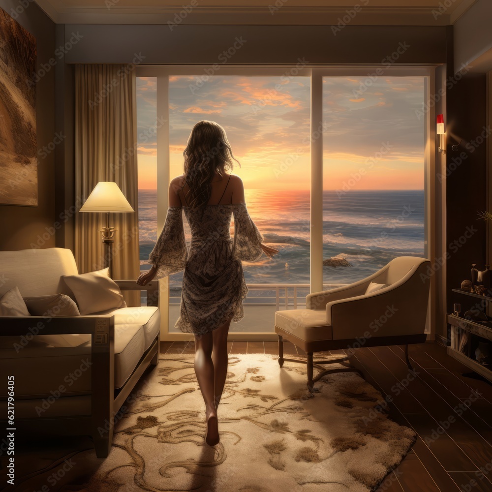 barefoot girl walkinG in a luxury suite. IMAGE AI Stock Illustration ...