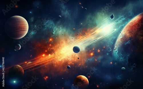 planets and meteors somewhere in the milky way. IMAGE AI