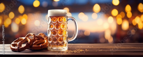 Bavarian pretzels with big beer in mug on wooden table, festival Oktoberfest, panorama. Generative Ai.