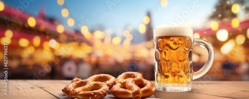 Bavarian pretzels with big beer in mug on wooden table, festival Oktoberfest, panorama. Generative Ai.
