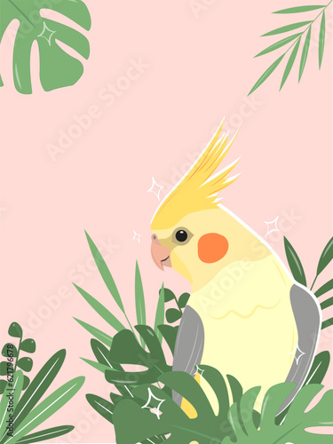 Wallpaper Mural Vector stylish illustration of a cockatiel parrot with monstera leaves on a pink background for the design of holiday and thematic cards, prints on clothes, feed, pet stores Torontodigital.ca