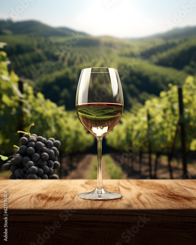 Wine glasses placed on a wooden table in the morning vineyard Generative AI