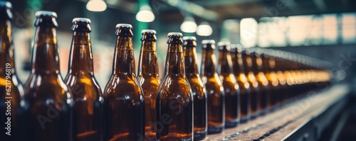  Row of brown glass beer bottles being processed in a factory  panorama. Generative Ai.