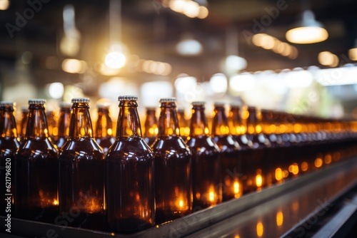  Row of brown glass beer bottles being processed in a factory. Generative Ai.