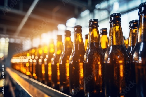  Row of brown glass beer bottles being processed in a factory. Generative Ai.