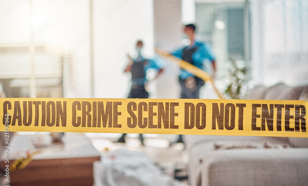 Tape, crime scene and police in house for investigation, inspection and forensic analysis. Law enforcement, safety and security people in living room for criminal, murder and searching for evidence Tape, crime scene and police in house for investigation, inspection and forensic analysis. Law enforcement, safety and security people in living room for criminal, murder and searching for evidence