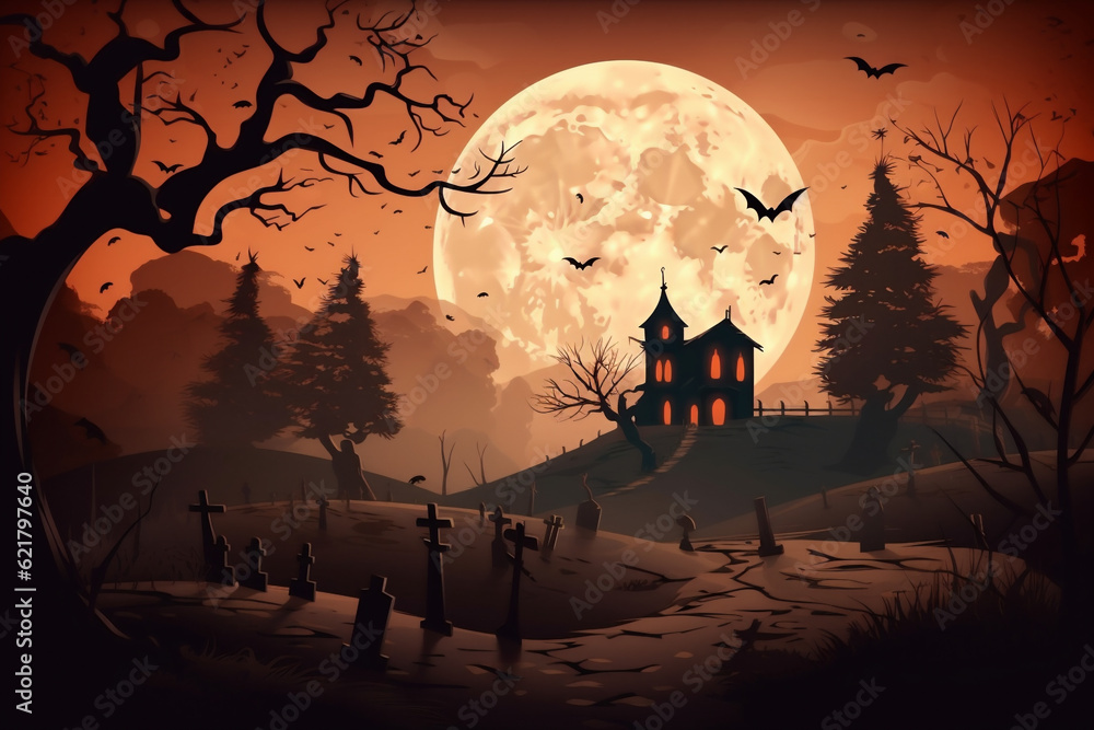 Halloween illustration of a house in graveyard in silhouette