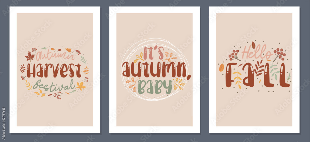 Trendy Autumn templates with leaves, berries and modern typography. Good for poster, card, invitation, flyer, cover, banner, placard, brochure and other graphic design. Harvest and Thanksgiving concep