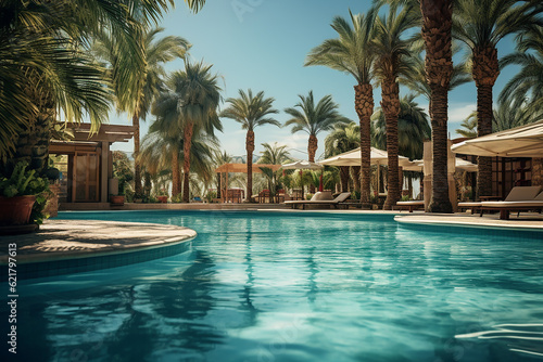 Swimming Pool in Hotel Resort with Tropical Nature View to Enjoying Vacation Holiday on Summertime