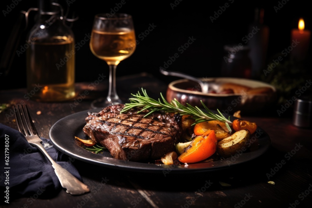 Grilled beef steak with vegetables and rosemary served with beer on the table. Generative Ai.