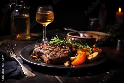 Grilled beef steak with vegetables and rosemary served with beer on the table. Generative Ai.