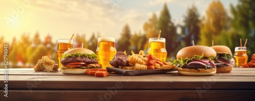 Many burgers and beers outdoor on a full wooden table , nature panorama. Generative Ai.