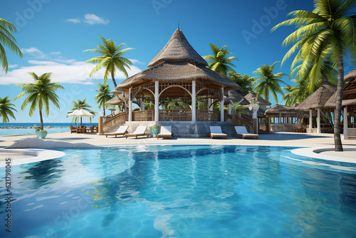 Modern Gazebo in Resort with Swimming Pool and Tropical Beach Nature Background in Blue Sky