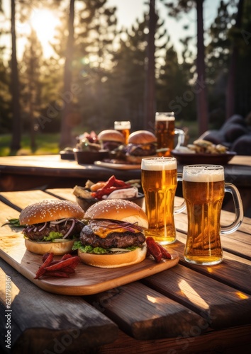 Many burgers and beers outdoor on a full wooden table   nature. Generative Ai.