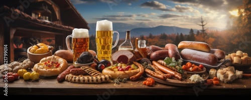 Sausages and beer on a table at a bar , Oktoberfest, panorama. Generative Ai.