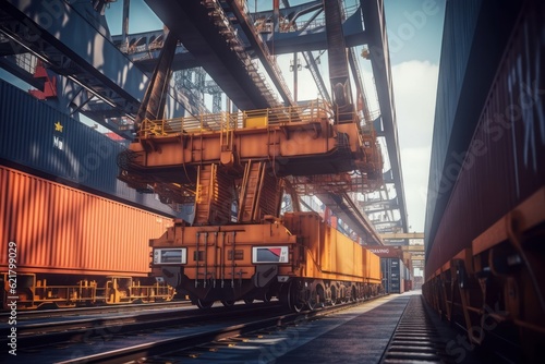 Port cargo terminal, transport hub. Port cranes reload cargo from a sea vessel into railway freight cars for further transportation. Global freight transport and logistics concept. 3D illustration.