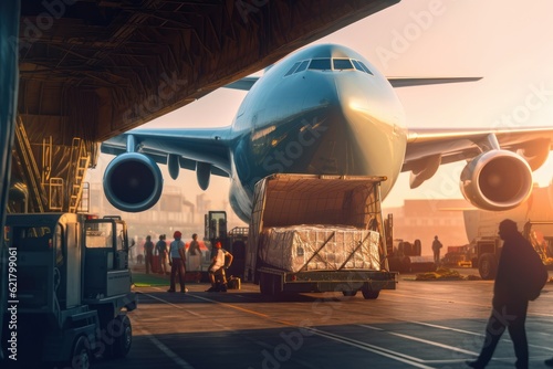 Loading transport aircraft in the hangar of cargo terminal. Large bales on the trolley ready for loading, employees standing around the plane. Global freight transportation concept. 3D illustration.