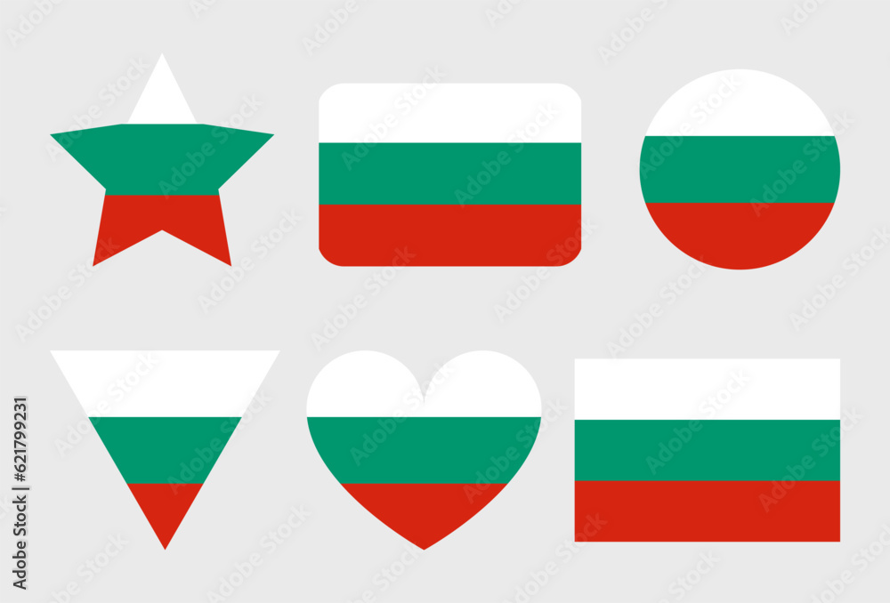 Bulgaria flag vector icons set in the shape of heart, star, circle and map. Bulgaria flag vector icons set in the shape of heart, star, circle and map.