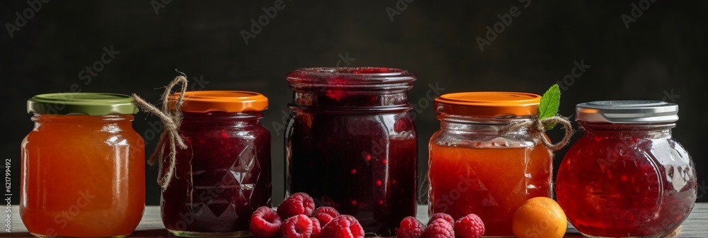 Assortment of summer seasonal berry and fruits jams in small jars, homemade preserving concept, marmalades or confitures with fresh berries jam jar, mix jam, various jams, type jam. Generative ai Assortment of summer seasonal berry and fruits jams in small jars, homemade preserving concept, marmalades or confitures with fresh berries jam jar, mix jam, various jams, type jam. Generative ai