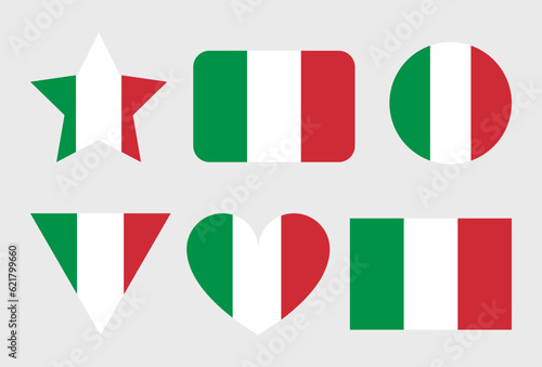 Italy flag vector icons set in the shape of heart, star, circle and map