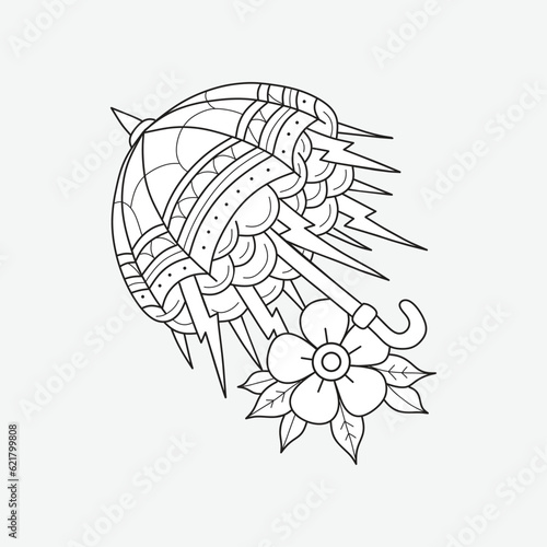 Hand drawn illustration of umbrella traditional tattoo