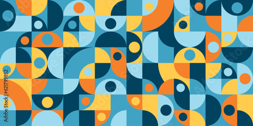 Vector seamless pattern, 60s bauhaus abctract geometric background with blue and orange colors