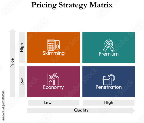 Pricing Strategy Matrix - Skimming, Premium, Economy and Penetration. Infographic template with icons