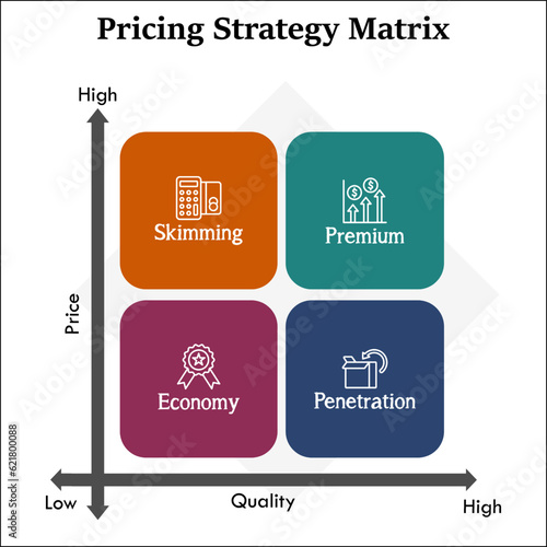 Pricing Strategy Matrix - Skimming, Premium, Economy and Penetration. Infographic template with icons
