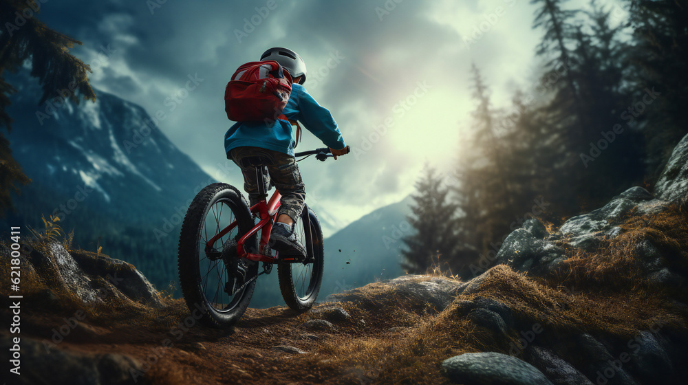 Naklejka premium Little Boy, Child riding his bike outdoors in Nature