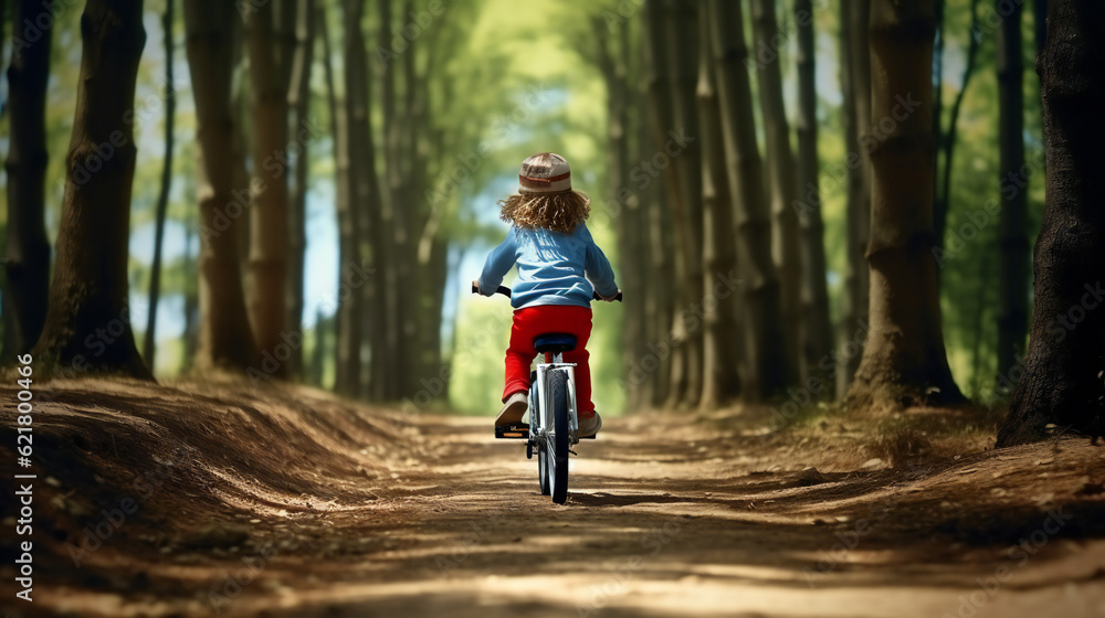 Little Girl riding a bike in the forest, wearing helmet, curly hair, red trouser Little Girl riding a bike in the forest, wearing helmet, curly hair, red trouser