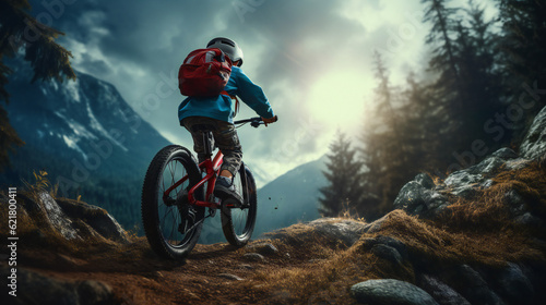 Little Boy, Child riding his bike outdoors in Nature